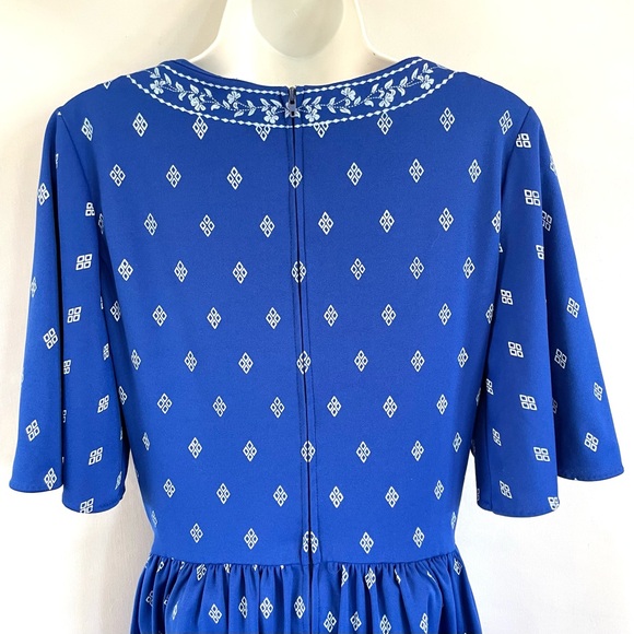 Vintage Alfred Shaheen Signed Blue White Spring Summer Midi Dress Size 12 (4/6) - Picture 7 of 15